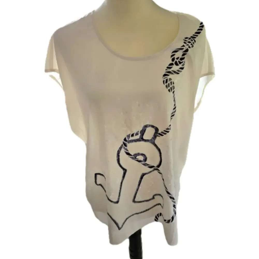 Coldwater Creek Womens 14 (L) Boxy Blouse with Anchor and Sequins _ Flaw